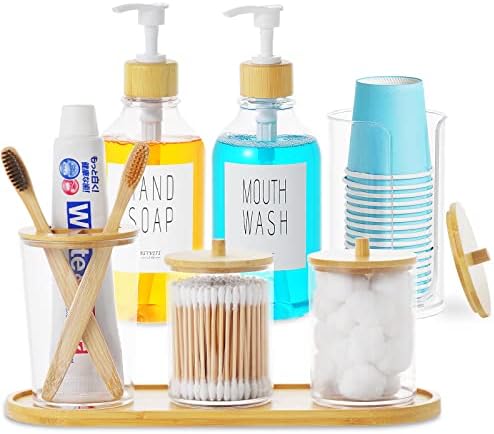 אביזרי אמבטיה של Vitviti 7PCS, מתקן סבון קרם שטיפת פה, מחזיק מברשת שיניים QTIP/CUP/TUNS, סט אביזר אמבטיה