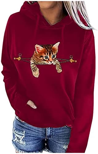 נשים מקרית ארוך שרוול נים חמוד חתול הדפסת סווטשירט שרוך סוודר טוניקת חולצות כושר רופף סלעית למעלה עם
