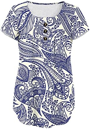 נשים של קיץ פרחוני חולצות הנלי צווארון כפתור עד טוניקת חולצות זורם קפלי חולצות כפתור עד מזדמן