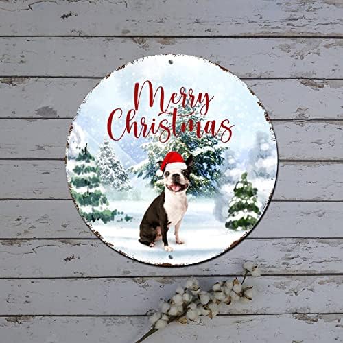איש שלג של שלג של שלט חג חג המולד סצנת חורף כובע חג המולד כלב עגול מתכת שלט פח שמחה חג המולד