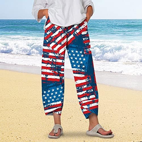 מכנסי טרנינג של Wocachi Harem לנשים, מכנסי פשתן לנשים דגל אמריקאי מודפסים מכנסי חוף אלסטיים קצוצים.