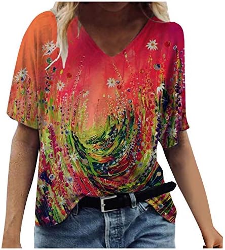 אופנה מודפס חולצה לנשים בכל רחבי צבעוני פרחוני דפוס חולצות קיץ צווארון קצר שרוול טי חולצות