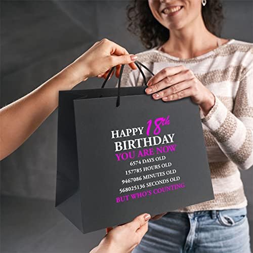 שקיות מתנה ליום הולדת 18-נייר שחור עם ידיות חבל-שקית מתנה גדולה ידידותית לסביבה-ספירה-ורוד