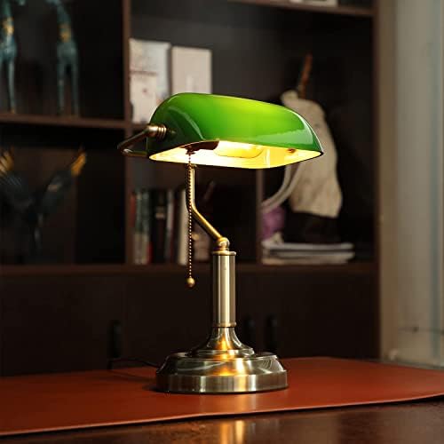 מנורת שולחן בנקאים מזכוכית ירוקה, אול רשומה, מנורות שולחן עתיקות עם בסיס פליז, מנורת ספרייה מסורתית