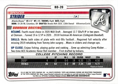 2020 דראפט Bowman Chrome Baseball BD-20 Spencer Strider כרטיס טרום-רוקי-כרטיס כרום הראשון של Bowman