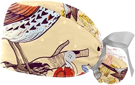 2 חתיכות מציירים ציפור פרחונית כובע עבודה עם כפתורים, כובע בופנט מתכוונן עם מחזיק קוקו
