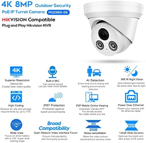 תואם למצלמת IP אבטחה של HikVision 8MP Turret Poe IP עם גילוי אנושי/רכב, מצלמת מעקב חיצונית של טלוויזיה