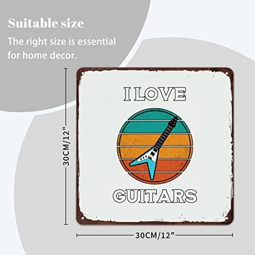 Mousus I Love Guitar Retro שלט מטאל, שלט פח של לוח הגיטרה, שלט כלי נגינה למשרד בית כיתת קיר כיתה, ריבוע 15x15 אינץ