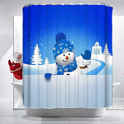 וילון מקלחת לחג המולד סט לחדר אמבטיה- איש שלג חמוד אומר שלום לך ברכה, קישוט בד פוליאסטר בחורף עם ווים ומדבקת