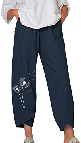 Kcjgikpok בנות חותלות קאפרי, רגל רחבה מותניים גבוהה פשתן פשתן קפריס מכנסיים מכנסיים עם מכנסי