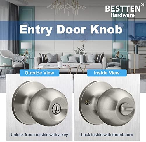 כפתור דלת הכניסה של Bestten Keyed עם מנעול, מנעול דלת פנים וחוץ, כדור סטנדרטי, ניקל סאטן