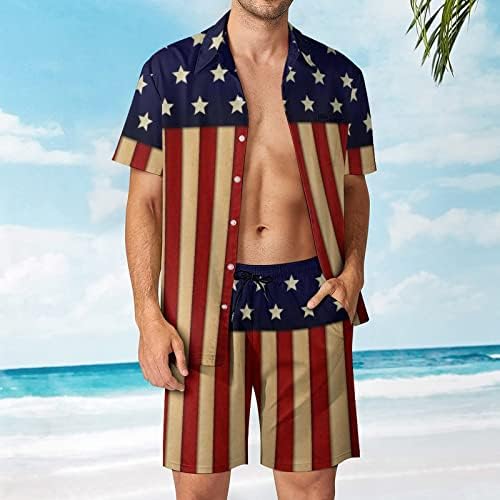 דגל אמריקאי תהילה של תלבושות חוף של גברים של גברים 2 חלקים כפתור הוואי למטה חולצה עם שרוול קצר וחליפות מכנסיים