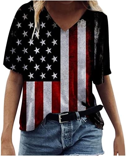דגל אמריקאי של נשים 4 ביולי חולצות נ 'צוואר קיץ טיז מזדמן שרוול קצר חולצות פטריוטיות רופפות 2023