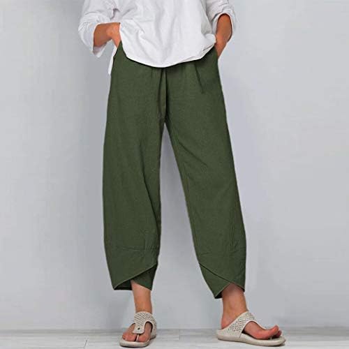 קאפרי מכנסיים לנשים מקרית קל משקל קיץ מכנסיים רופף אלסטי מותניים קפריס מכנסיים רחב רגל קצוץ