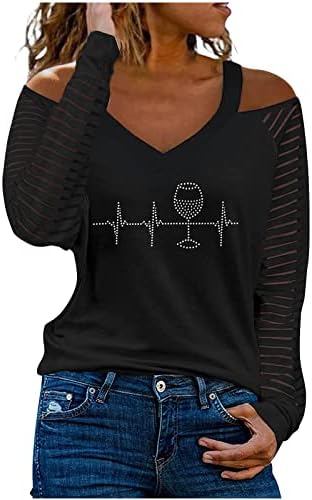 חולצות נשים שחורות רשת שרוול ארוך חולצות כתף קר חולצות טשירטים נ 'צוואר ללא גב זכוכית מוזיקה זכוכית