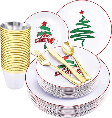 KIRE 25 צלחות חג מולד אורחים -25 אורחים צלחות פלסטיק זהב