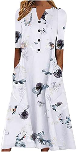 קיץ שמלות לנשים 2023 סיבתי צווארון כפתור שמלה קצר שרוול פרחוני שמלת חופשה ארוך שמלה עם כיסים
