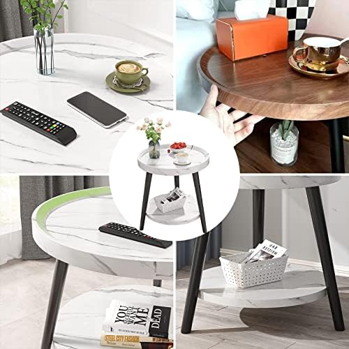 קטן עגול צד שולחן, 2 קומות עגול סוף שולחן / מיטת שולחן,אחסון שולחן, אמצע המאה מודרני קפה שולחן עם מתכת מסגרות