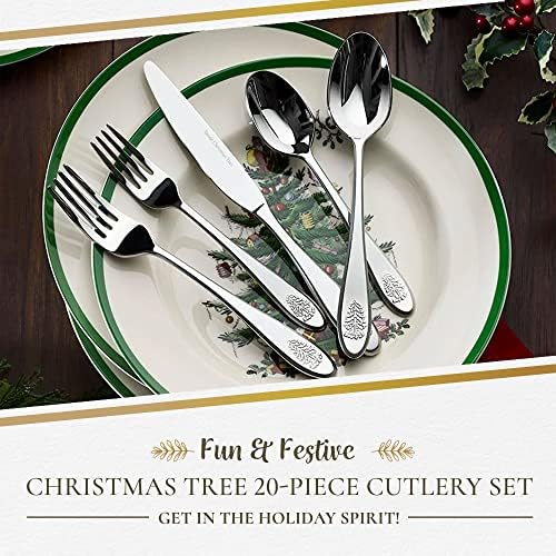 ספוד-אוסף עץ חג המולד-סט כלי אוכל 20 חלקים - 4 מכל אחד מהם: מזלג ארוחת ערב, מזלג סלט, סכין ארוחת