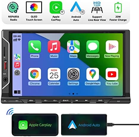 Shockflo Wireless Carplay & Android Auto Auto כפול DIN מקלט רדיו סטריאו, 7 מסך מגע QLED עם שליטה