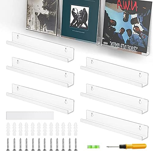 6 חבילות ויניל מקלט מדף קיר קיר, 12 מחזיק תצוגת תקליט אקרילי ברורה, מדפים צפים בלתי נראים עם 2 סוגים