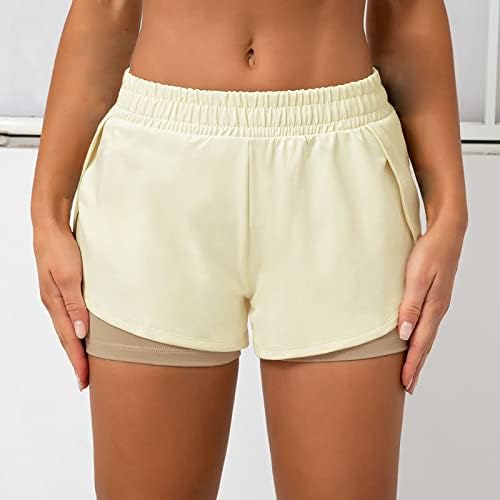 2 נשים ב -1 מכנסיים קצרים שכבה כפולה מכנסיים קצרים במותניים קצרים בקיץ כושר יוגה יוגה אימון אימון אלסטיים