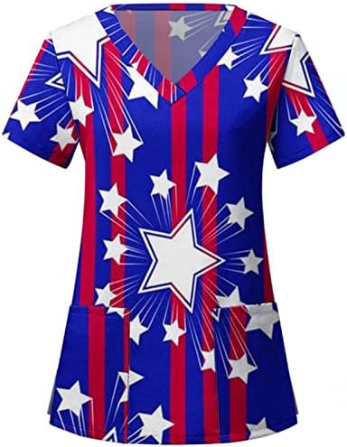 4 ביולי חולצה לנשים ארה ב דגל קיץ קצר שרוול צווארון חולצות עם 2 כיסים חולצה למעלה חג מזדמן בגדי עבודה