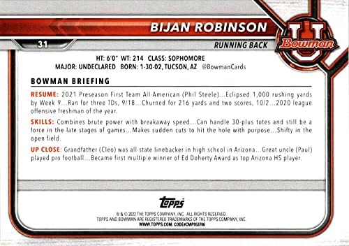 Bijan Robinson RC 2022 אוניברסיטת באומן 31 טירון NM+ -MT+ NFL כדורגל NCAA נייר