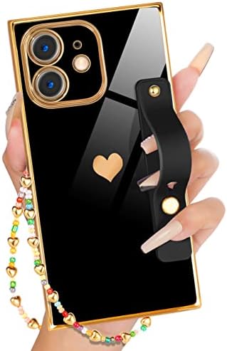 פטיטיאן לאייפון 11 מרובע מארז מעמד לופי/רצועות יוקרה נשים חמודות בנות לב לב מעצבות אלקטרוניות ריבועי ריבועי טלפון