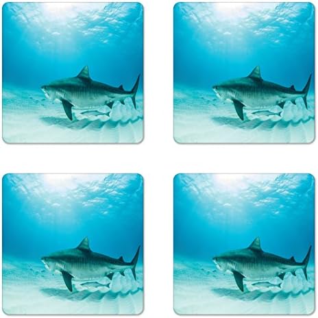 סט רכבת כריש לונא -לונארית של 4, כריש טייגר בתחתית האוקיאנוס סכנת חיים פראי חיים טבע, דפוס תמונה מרובעת.