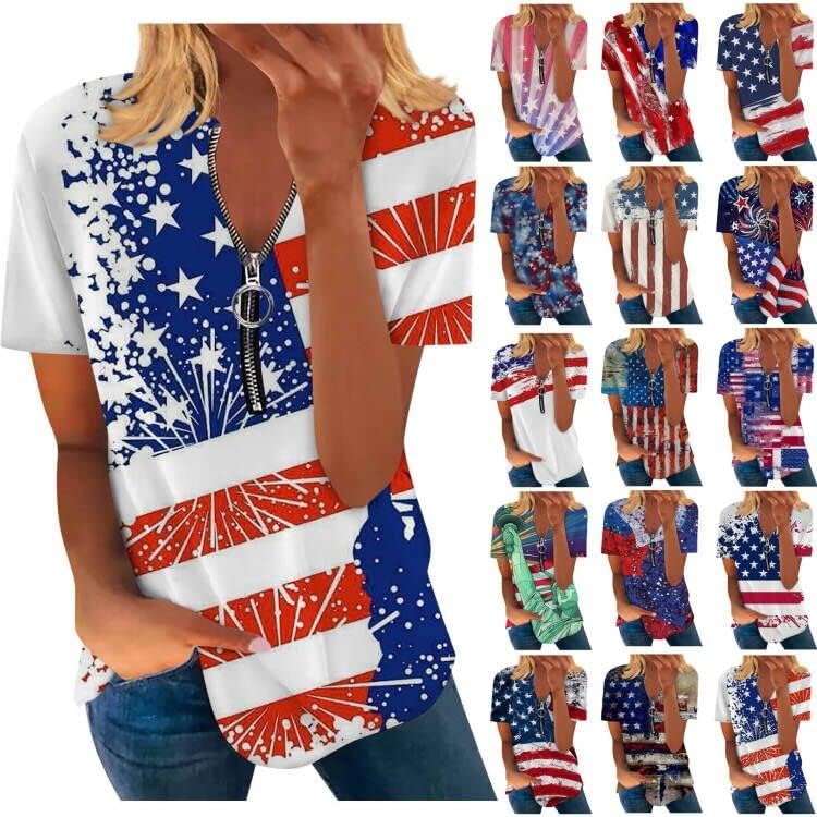 חולצות קיץ לנשים 2023 4 ביולי דגל אמריקה מודפס חולצה טוניקה חולצה רופפת חולצת טי-צווארון טופ
