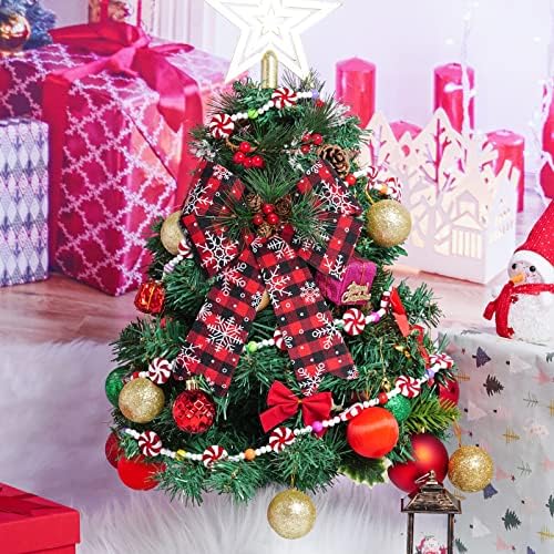 6 חבילות חג המולד של בופלו משובץ קשתות שלג עם פינקונה לזרום זר עץ חג המולד טופר קישוטי מסיבה ביתיים מתנות לשנה
