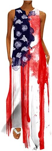 HGCCGDU 4 ביולי שמלת מקסי לנשים 2023 שמלת יום עצמאות שמלה ארוכה שמלת צוואר ללא שרוולים עם כיסים עם
