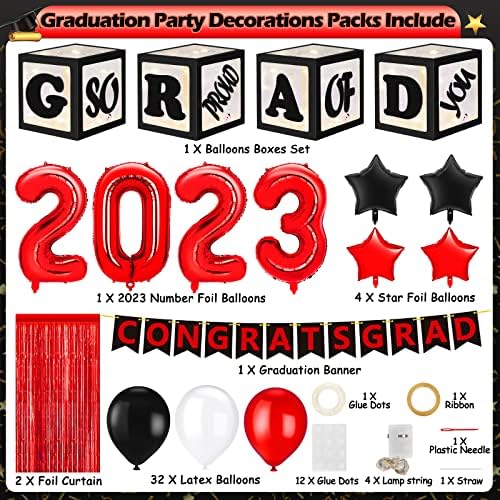 מסיבת סיום קישוטי 2023, שחור אדום סיום קישוטי כיתת של 2023 עם קופסות, בלונים, באנר, גדול מזל טוב גראד ספקי צד,