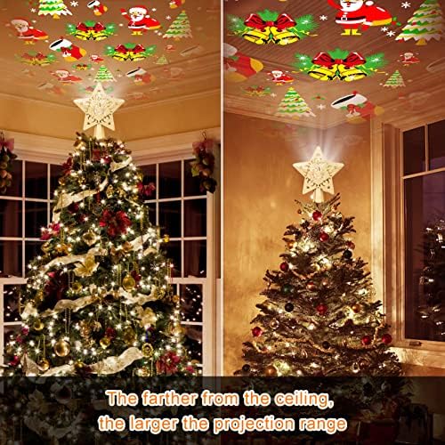 טופר עץ חג המולד, טופר עץ חג המולד של כוכב הזהב מואר בסנטה מסתובב תלת -ממדי, מקרן נצנצים חלול, טופר עץ