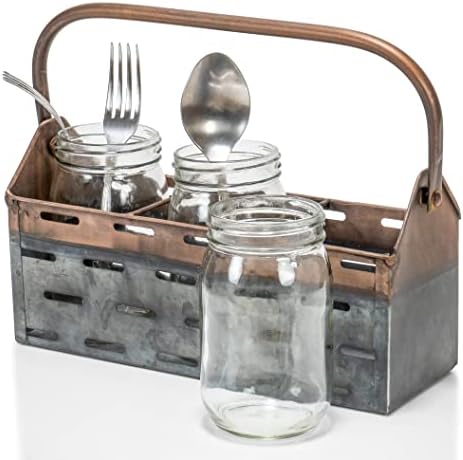 חברת רד. 12 איקס 6 מתכת מגולוונת &מגבר; מחזיק כלי מטבח נחושת נושא כלים עם 3 צנצנות זכוכית שקופות