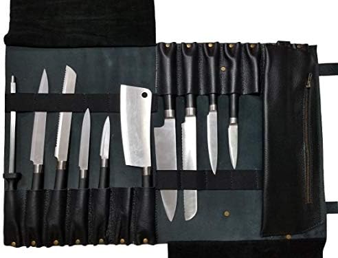 אמיתי קל משקל פרימיום עור מקצועי שחור שף סכין תיק / שף סכין רול 14 חריצים חלל ק7