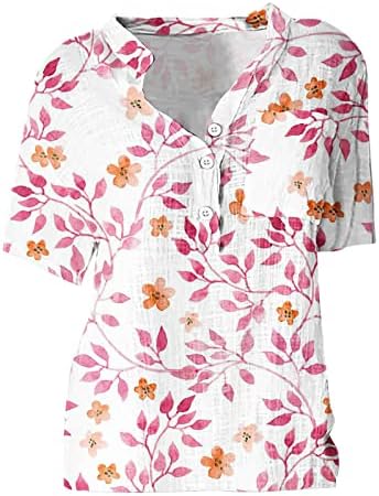 נשים של פרחוני כותנה פשתן חולצות קיץ אופנה קצר שרוול כפתור עד צוואר חולצות בתוספת גודל מזדמן רופף