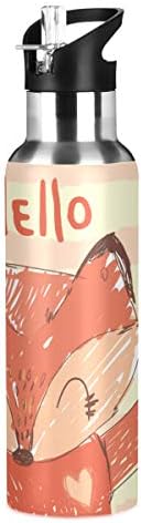 OREZI נמשכת בקבוק מים שועל חמוד תרמוס עם מכסה קש לבנות בנות, 600 מל, בקבוק ספורט נירוסטה אטום דליפות לנשים גברים