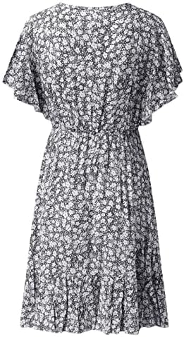 שמלות קיץ של מיאשוי עם כיסים נשים מזדמנים הדפס פרחוני שמלת בוהי נ 'צוואר שמלות כותנה אלסטיות לנשים מזדמנות