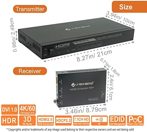 HDMI 2.0 4K 1x4 Splitter Experender מעל כבל יחיד CAT6 עם POC עד 196 ft 1-in 4-Out W/פלט לולאה מקומית ואביסת