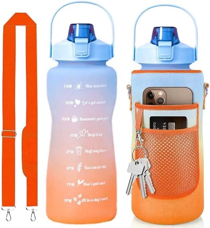 בקבוק מים 2 ליטר ללא הגבלה עם שרוול אחסון, מחזיק טלפון סלולרי, קש ורצועה - BPA בחינם - לחדר כושר ספורט ובקבוק