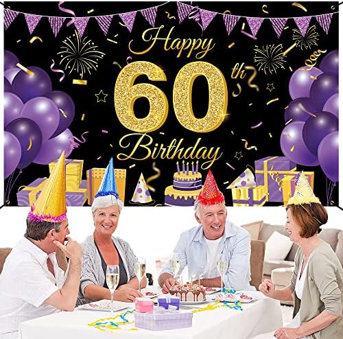 Wiipenex שמח 60 יום הולדת תפאורה באנר 70.86 x 43.3 סגול שחור 60 קישוטי יום הולדת לחיים עד 60