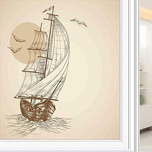 וינטג 'אמנות סרט חלון דבק ימי, אוקיינוס ​​נושא חדר אמבטיה קרקן תמנון זרועות עם סירת מפרש ספינות בגלי