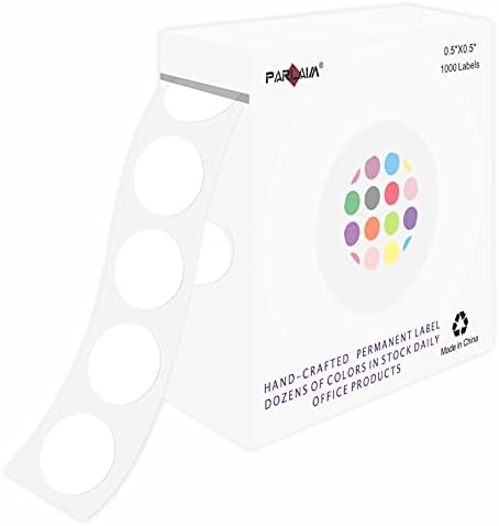 תובע 0.5 עגול צבע קידוד מעגל נקודה תוויות על רול, 1000 מדבקות בקופסא מתקן פלסטיק, 1/2 אינץ קוטר, לבן