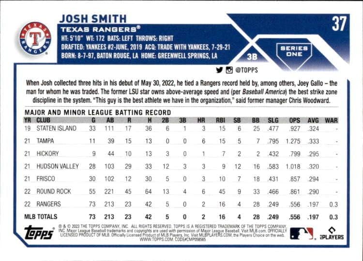 ג'וש סמית 'RC 2023 Topps 37 טירון NM+ -MT+ MLB Baseball Rangers
