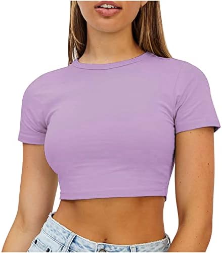 חולצות T לנשים יבול חמוד טרנדי בסיסי הדוק צוואר צוואר חולצה חולצה בקיץ שרוול קצר צמרות יבול