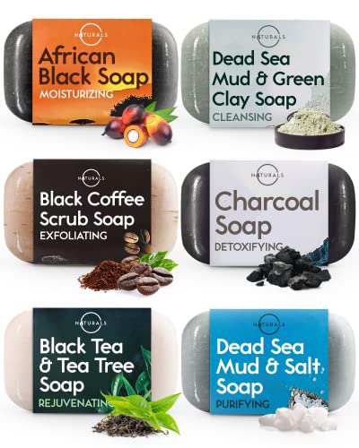 O Naturals 6 PCS סבון שחור - סבון בר נשים וגברים, בר סבון גברים, סבון שחור אפריקני עם חמאת שיאה לחות, סבון פחם