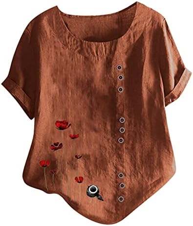 נשים קיץ כותנה פשתן חולצת טי חולצות טרנדי פרחוני הדפסת 2023 מזדמן רופף טוניקת טי ליידי בתוספת גודל