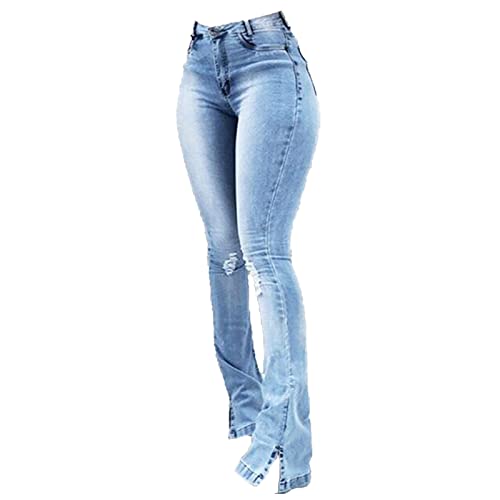 נשים רזות קרועות פעמון ג'ינס תחתון גבוה מותניים מפוצלים מכנסי ג'ינס מתרחבים